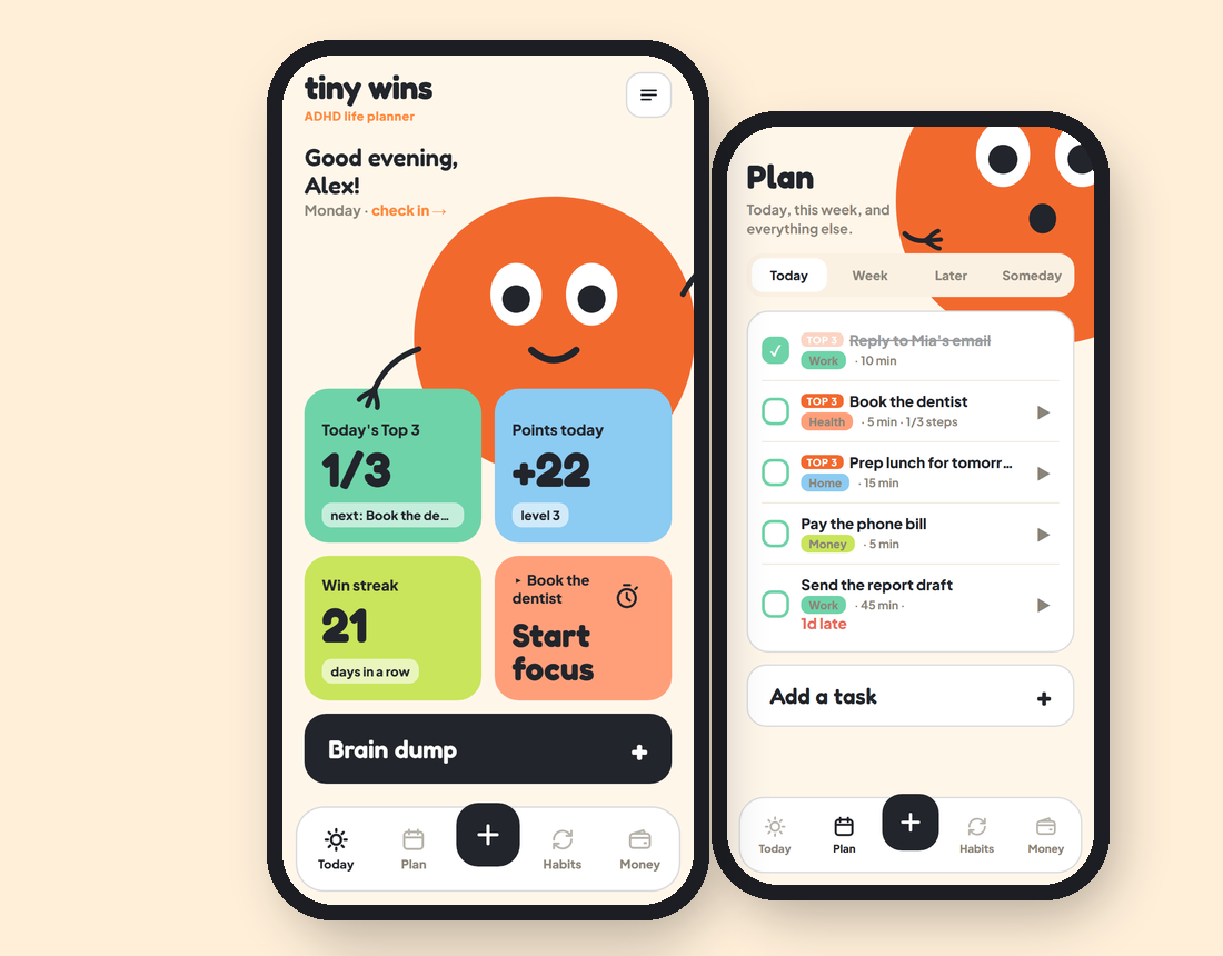 The Tiny Wins app on a phone and its Google Sheet on a laptop
